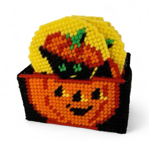 Halloween Coaster Set of 4 Plastic Canvas Decor Black Cat In Jack-o-Lantern - Picture 1 of 5